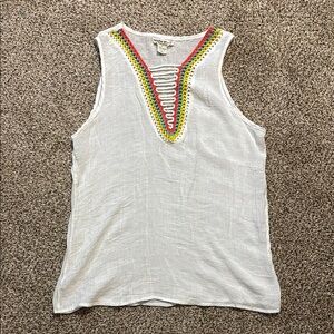 Studio Works Gauzy White Sleeveless Top with Multicolor Crochet trim XL EUC